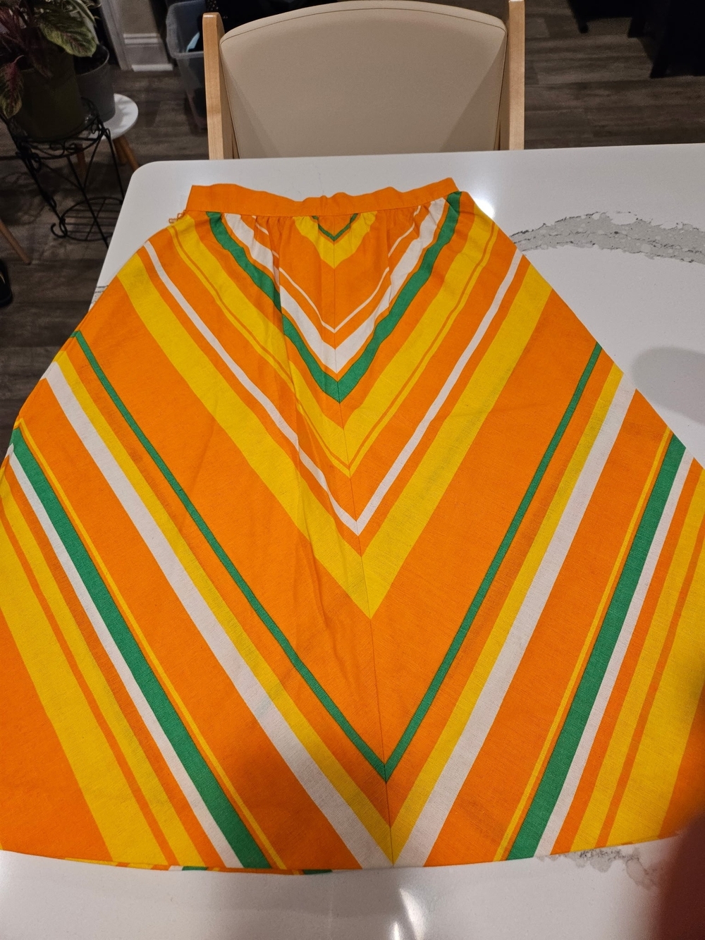 1970 Vintage Malibu Orange and Yellow Chevron Stripe Skirt with Green Trim